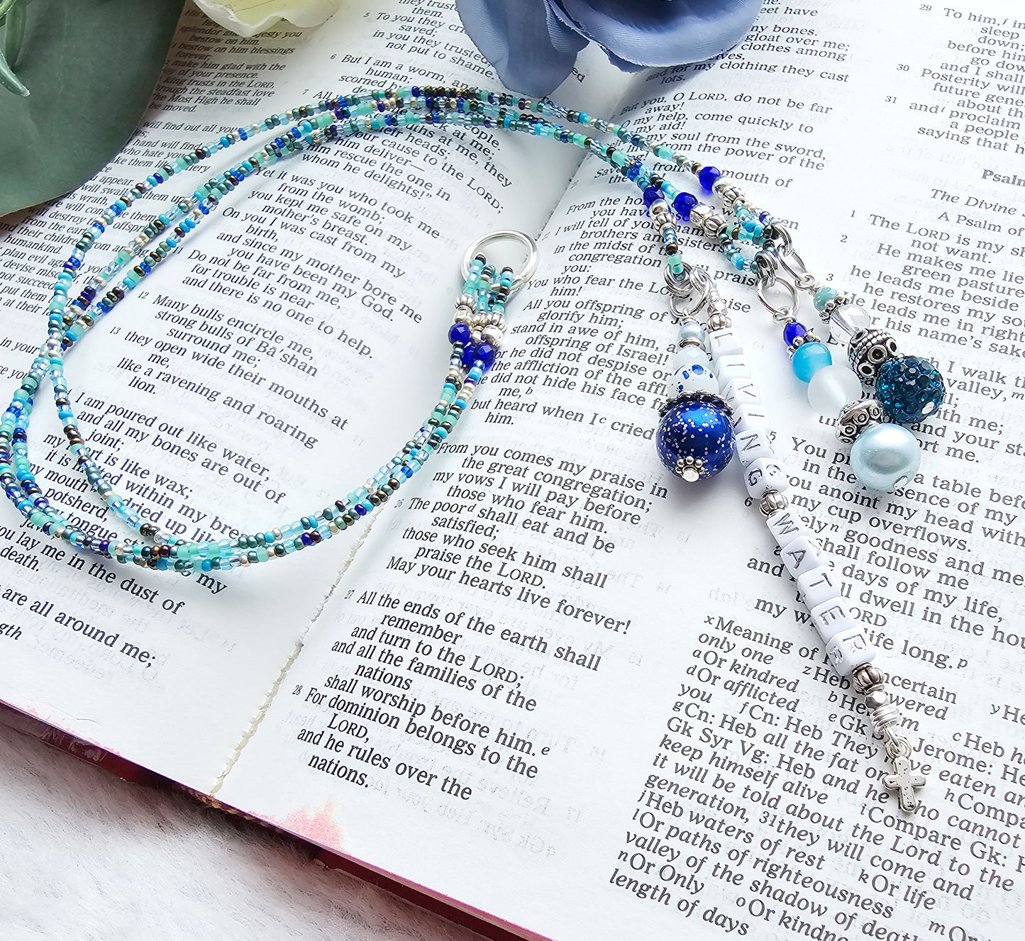 Beaded Bible 3 strand Bookmark - The Living Water - Blue and silver bible accessories