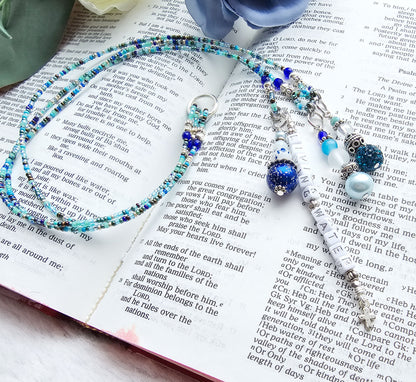 Beaded Bible 3 strand Bookmark - The Living Water - Blue and silver bible accessories