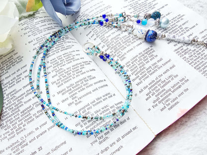 Beaded Bible 3 strand Bookmark - The Living Water - Blue and silver bible accessories