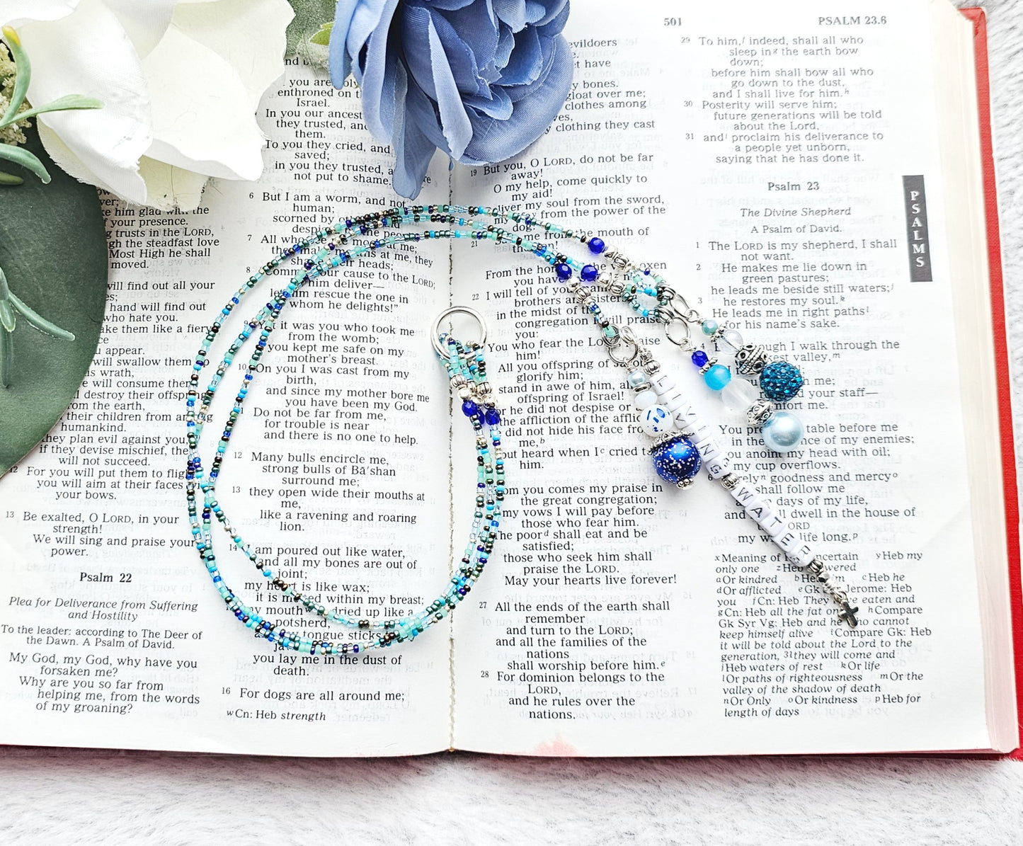 Beaded Bible 3 strand Bookmark - The Living Water - Blue and silver bible accessories