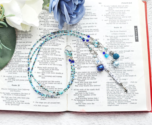 Beaded Bible 3 strand Bookmark - The Living Water - Blue and silver bible accessories