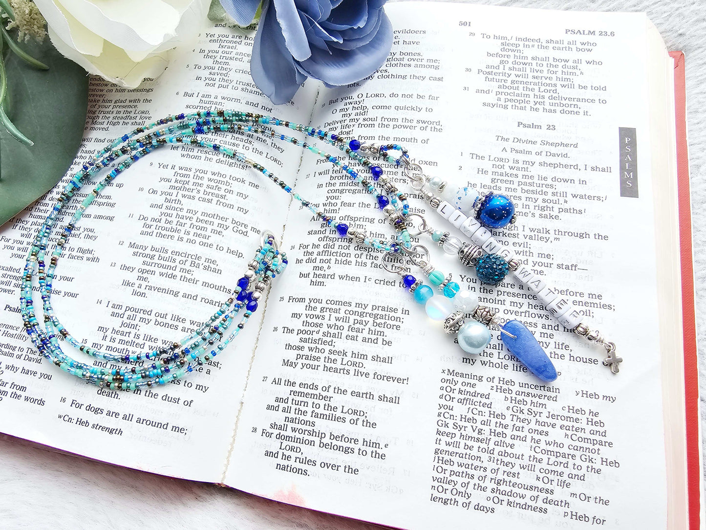 Beaded Bible 4 strand Bookmark - The Living Water - Blue and silver bible accessories