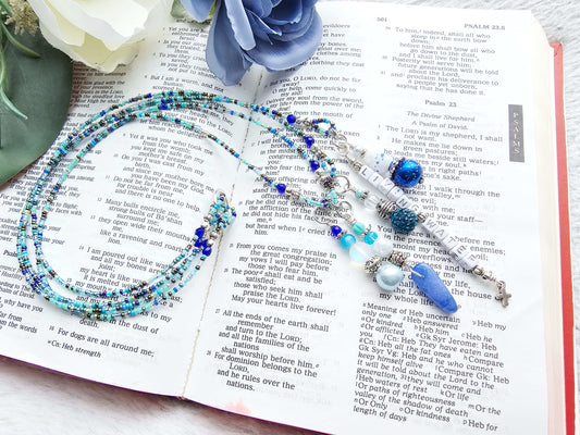 Beaded Bible 4 strand Bookmark - The Living Water - Blue and silver bible accessories