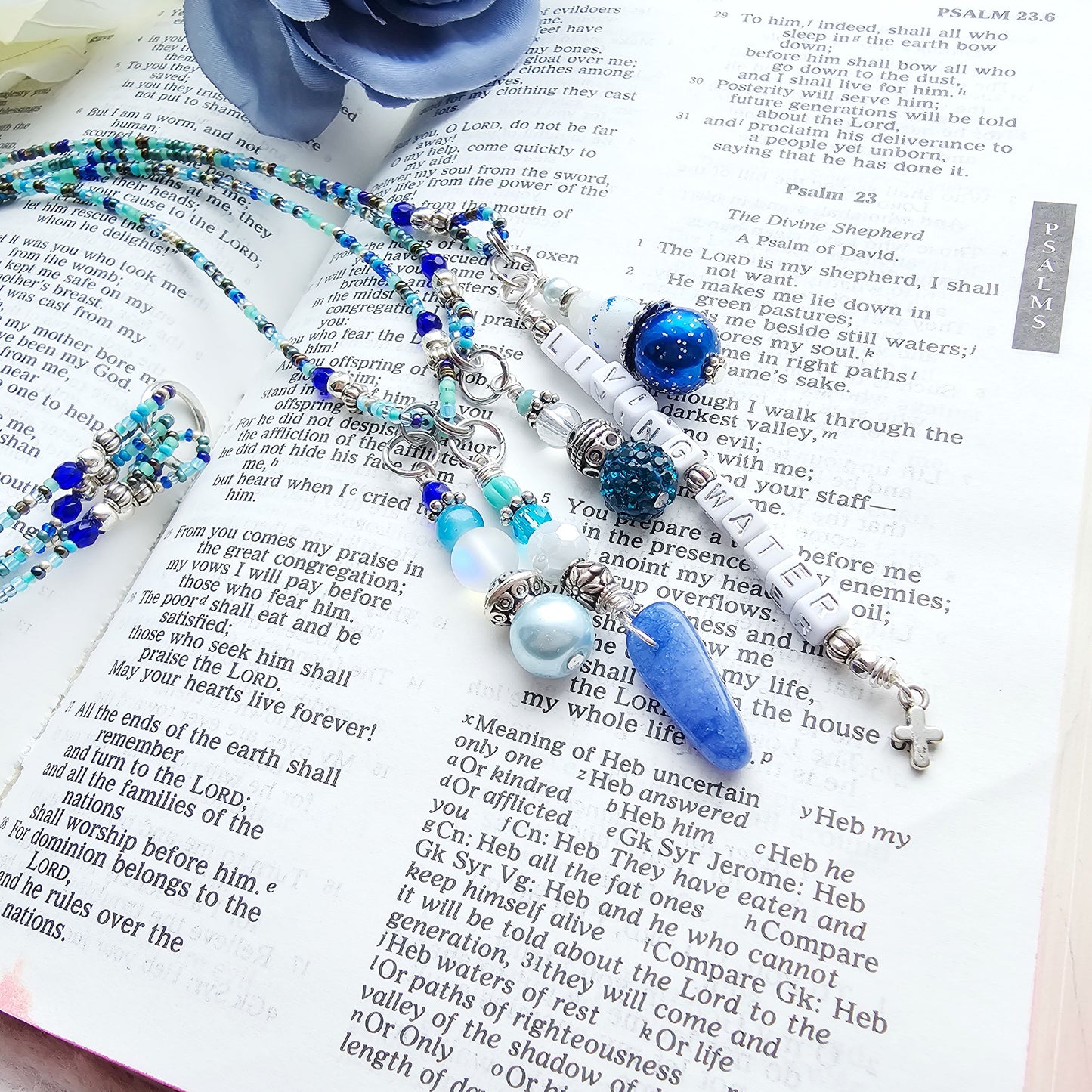 Beaded Bible 4 strand Bookmark - The Living Water - Blue and silver bible accessories