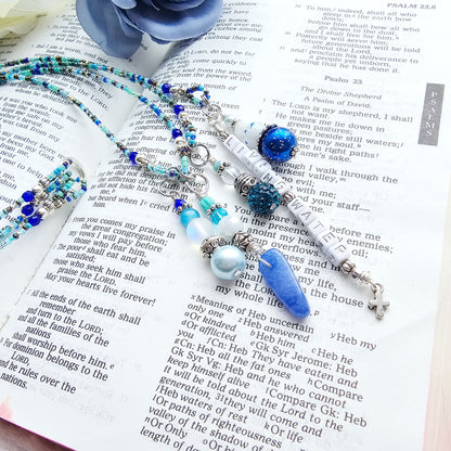 Beaded Bible 4 strand Bookmark - The Living Water - Blue and silver bible accessories