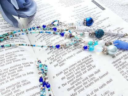 Beaded Bible 4 strand Bookmark - The Living Water - Blue and silver bible accessories
