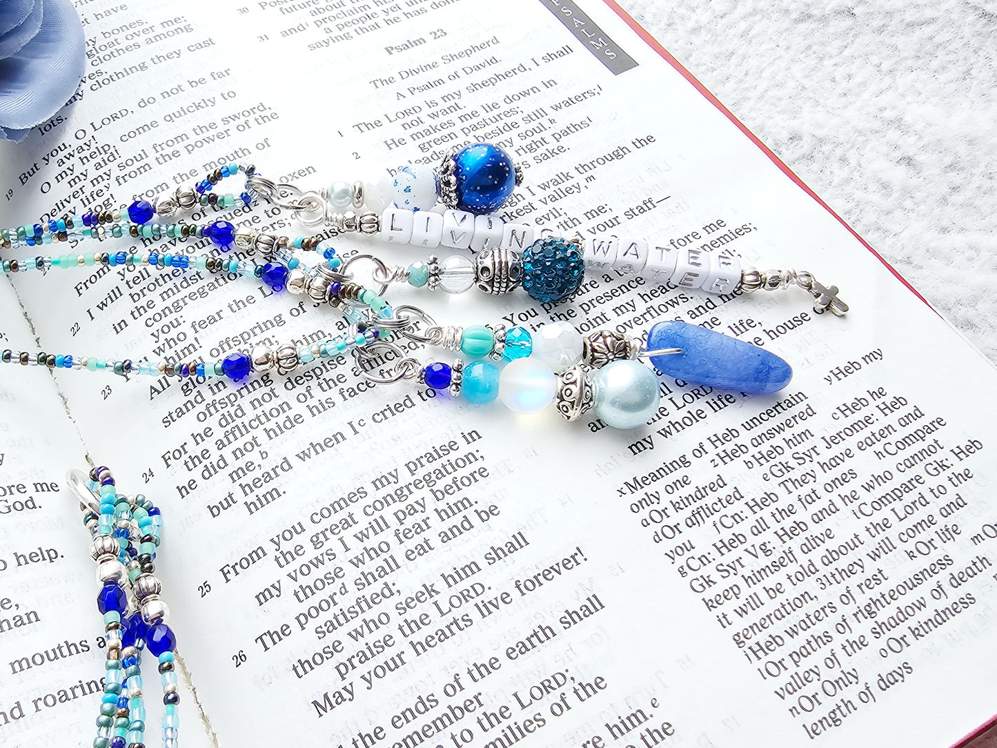 Beaded Bible 4 strand Bookmark - The Living Water - Blue and silver bible accessories