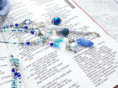 Beaded Bible 4 strand Bookmark - The Living Water - Blue and silver bible accessories
