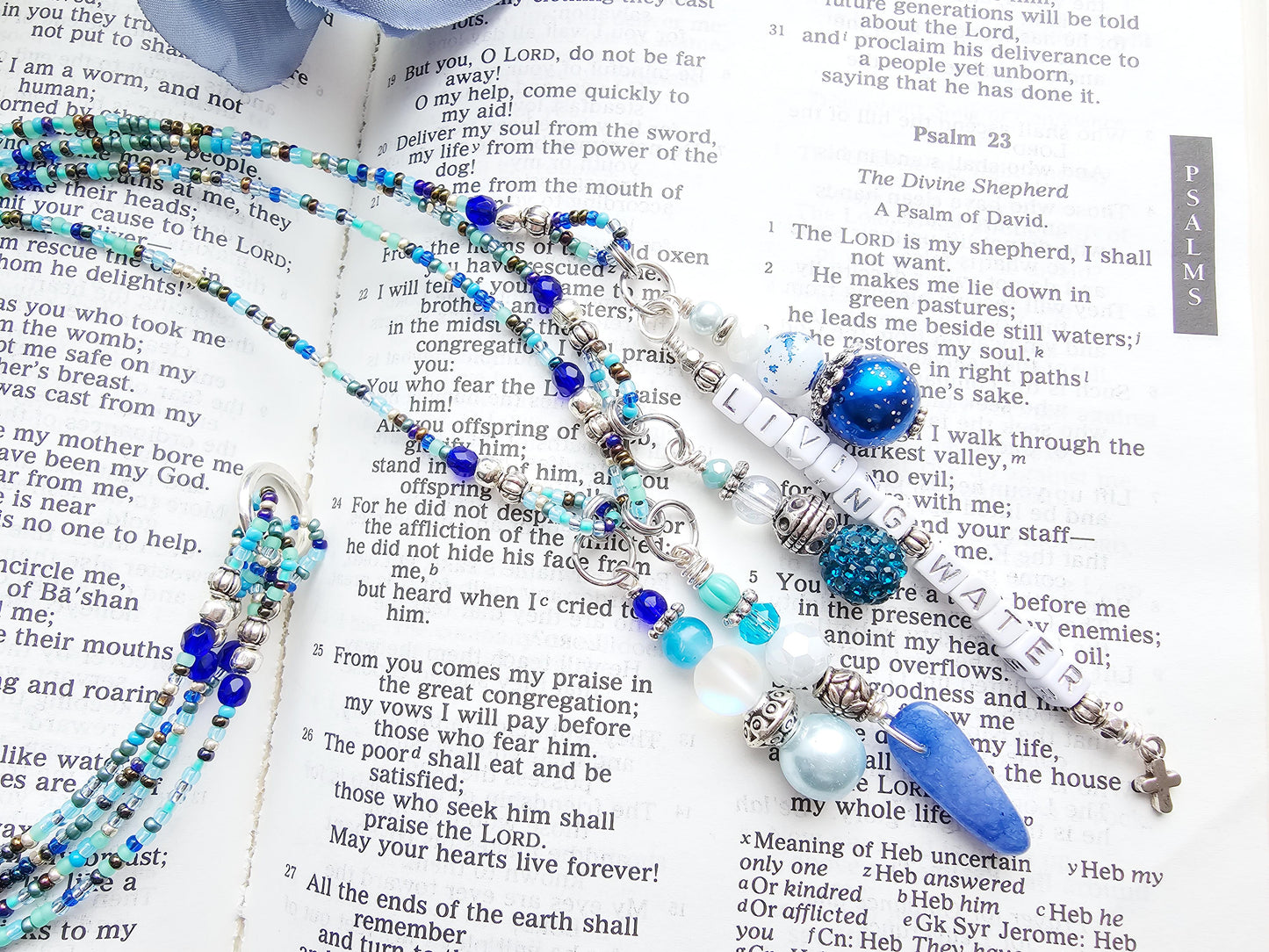 Beaded Bible 4 strand Bookmark - The Living Water - Blue and silver bible accessories