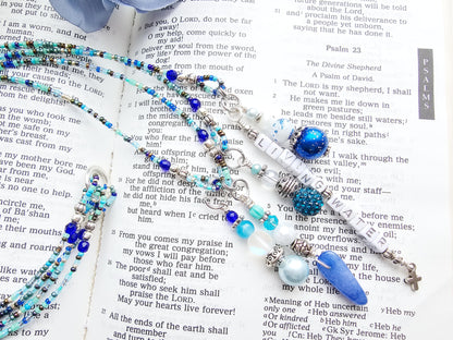 Beaded Bible 4 strand Bookmark - The Living Water - Blue and silver bible accessories