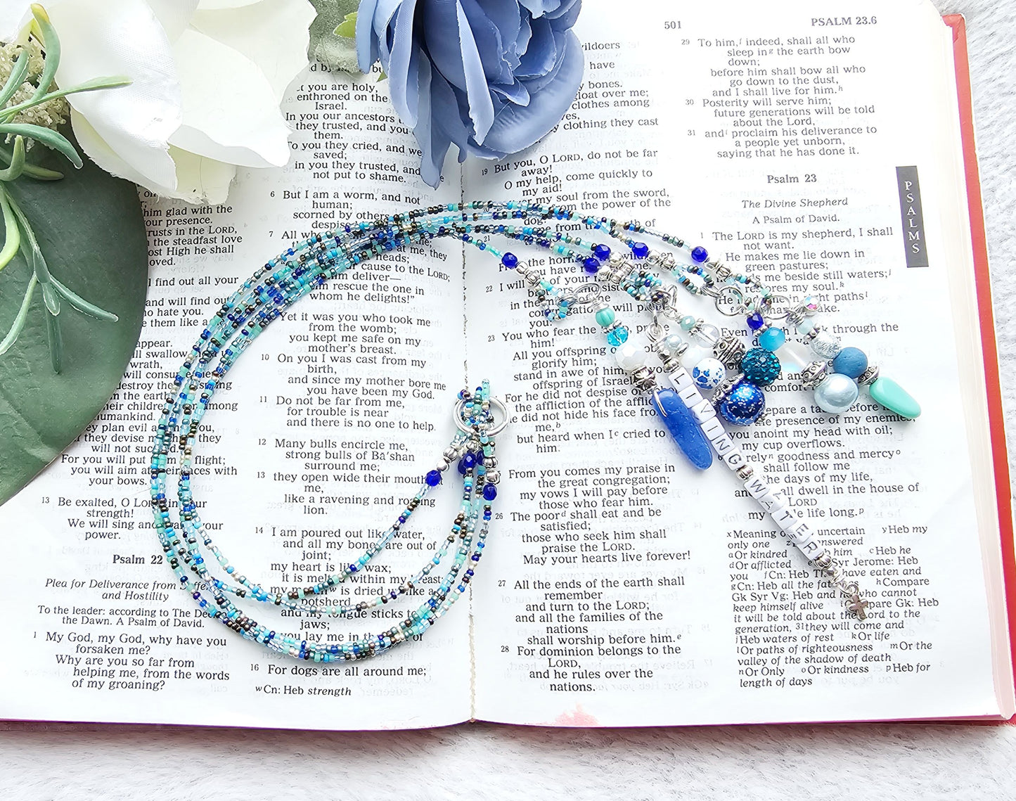 Beaded Bible 5 strand Bookmark - The Living Water - Blue and silver bible accessories