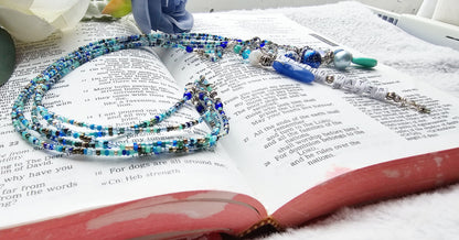 Beaded Bible 5 strand Bookmark - The Living Water - Blue and silver bible accessories