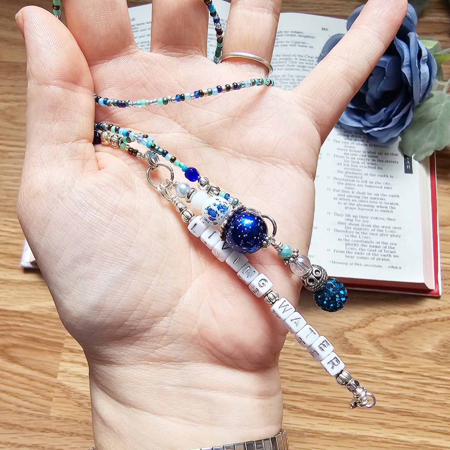 Beaded Bible Single strand Bookmark - The Living Water - Blue and silver bible accessories