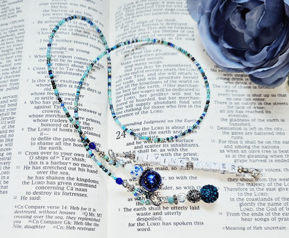 Beaded Bible Single strand Bookmark - The Living Water - Blue and silver bible accessories