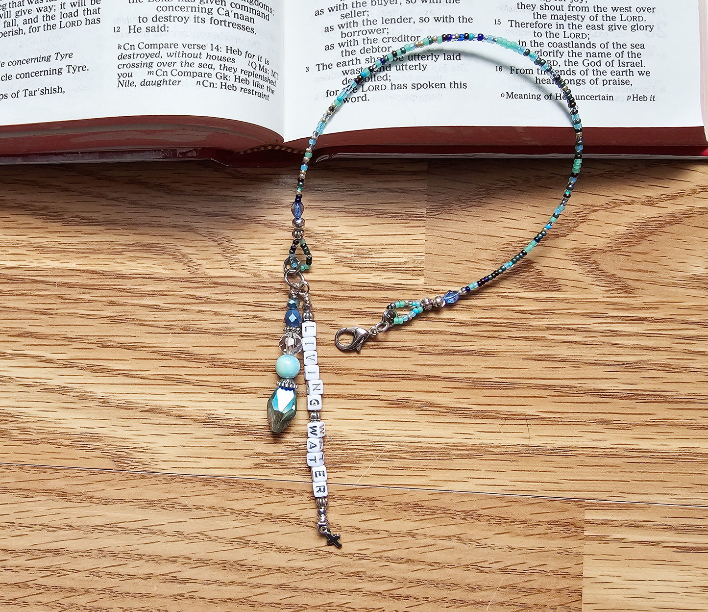 Beaded Bible half-strand Bookmark Clip-on charm - The Living Water - Blue and silver bible accessories