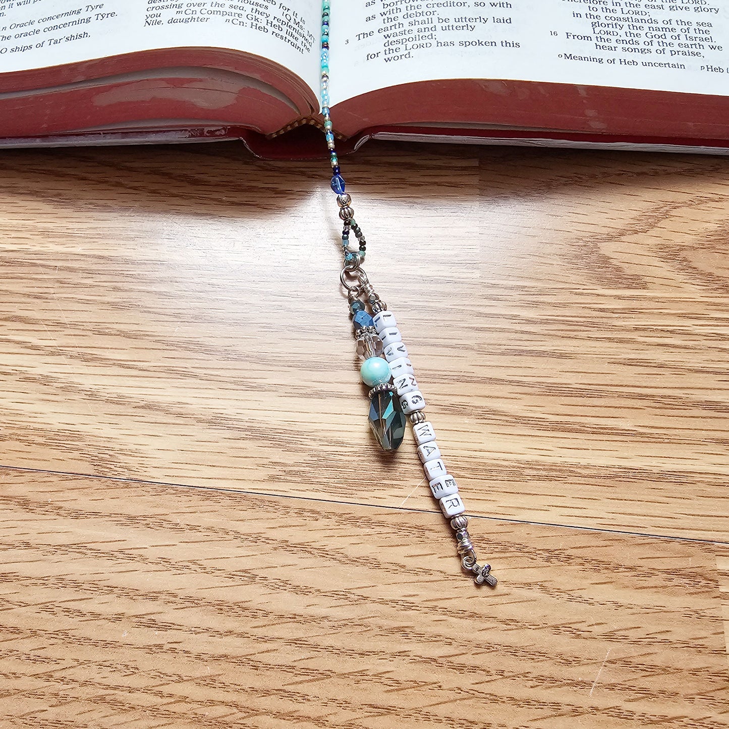 Beaded Bible half-strand Bookmark Clip-on charm - The Living Water - Blue and silver bible accessories