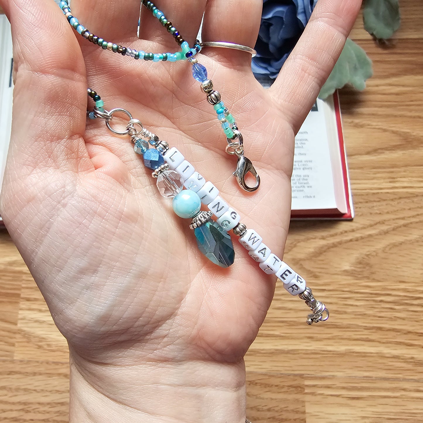 Beaded Bible half-strand Bookmark Clip-on charm - The Living Water - Blue and silver bible accessories