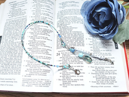 Beaded Bible half-strand Bookmark Clip-on charm - The Living Water - Blue and silver bible accessories