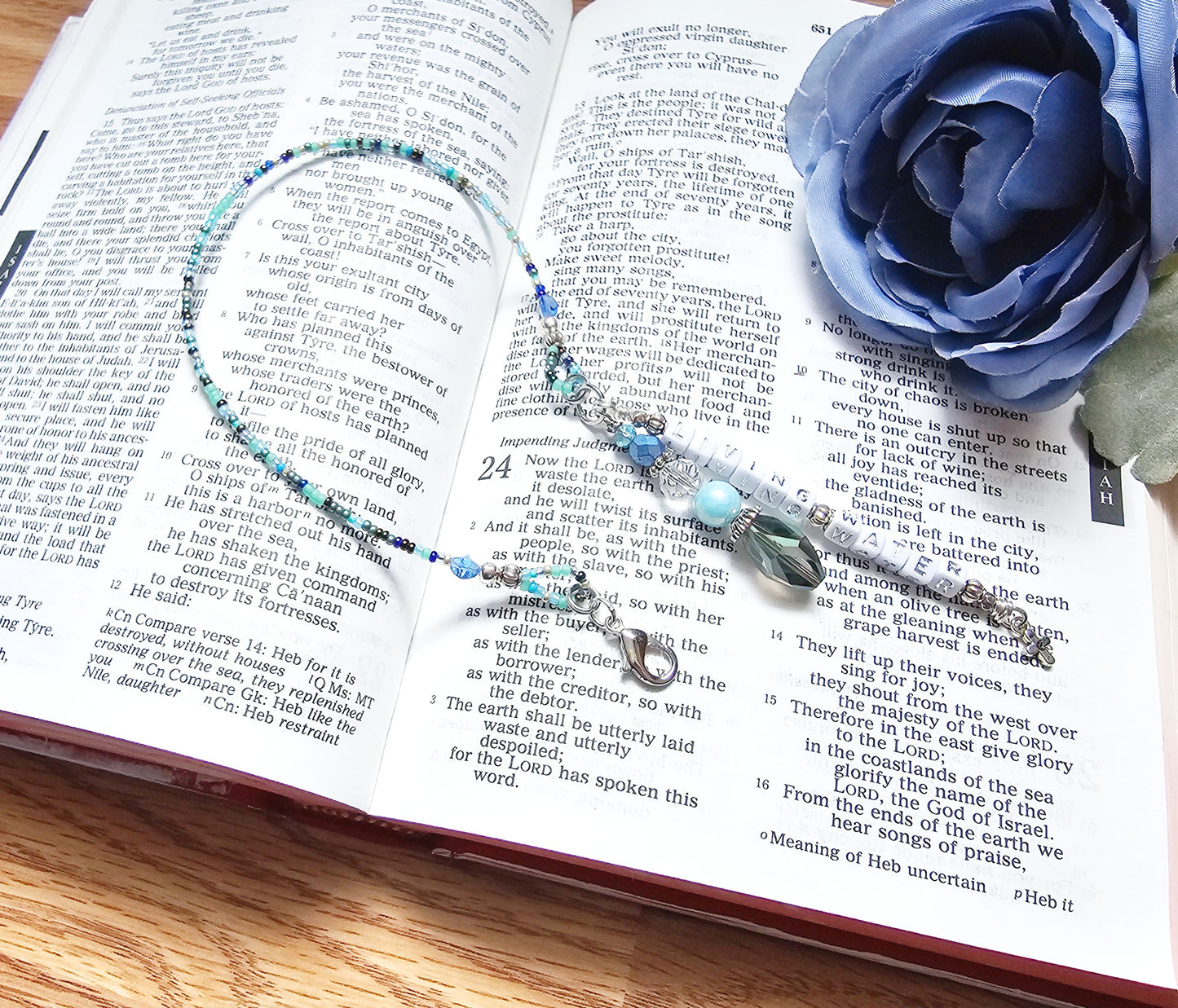 Beaded Bible half-strand Bookmark Clip-on charm - The Living Water - Blue and silver bible accessories