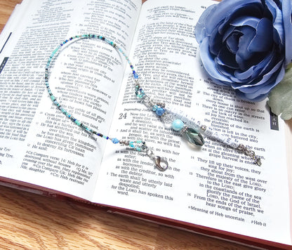 Beaded Bible half-strand Bookmark Clip-on charm - The Living Water - Blue and silver bible accessories