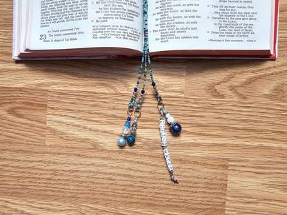 Beaded Bible 2 strand Bookmark - The Living Water - Blue and silver bible accessories