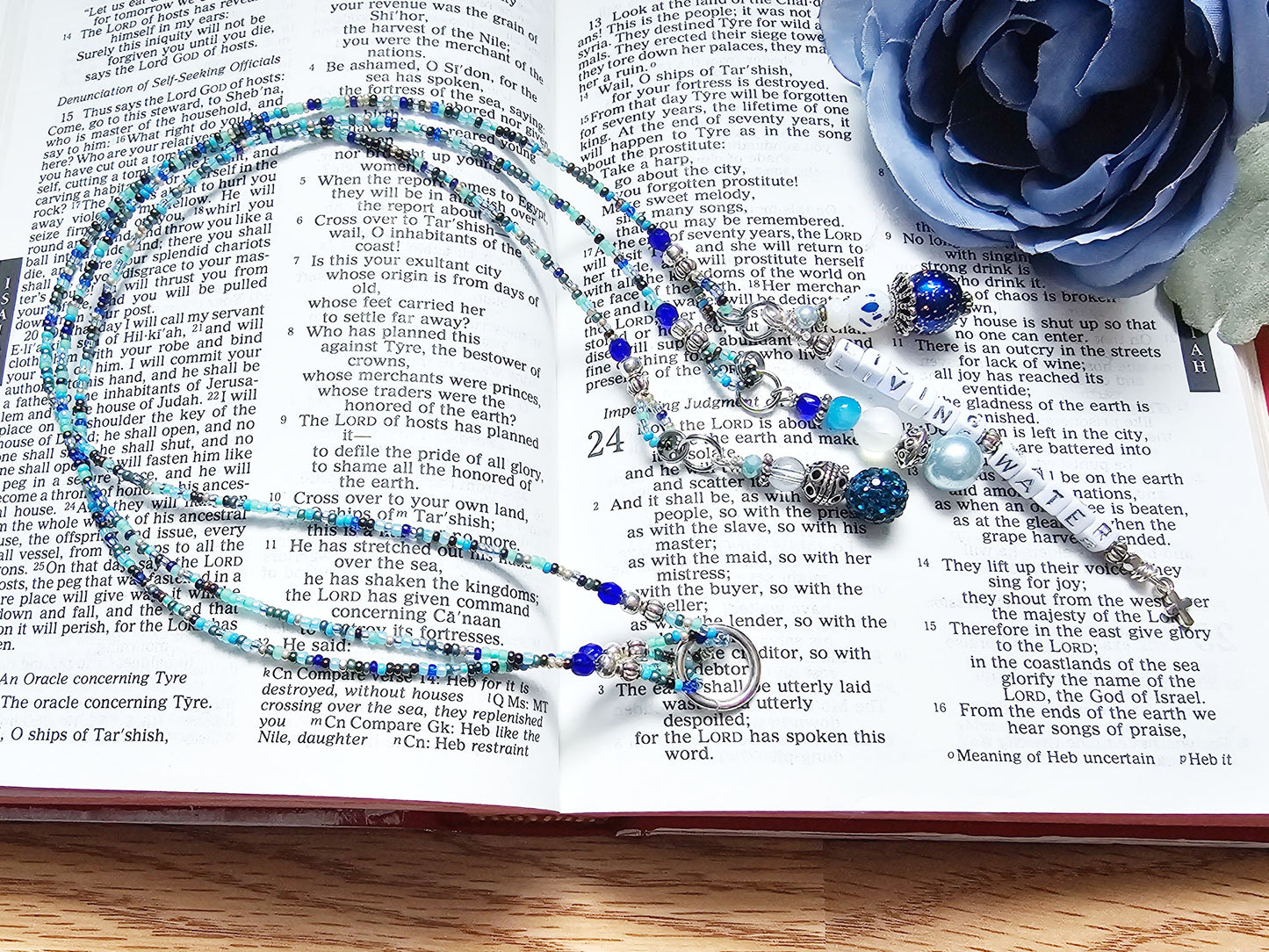 Beaded Bible 3 strand Bookmark - The Living Water - Blue and silver bible accessories