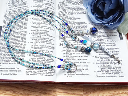 Beaded Bible 3 strand Bookmark - The Living Water - Blue and silver bible accessories