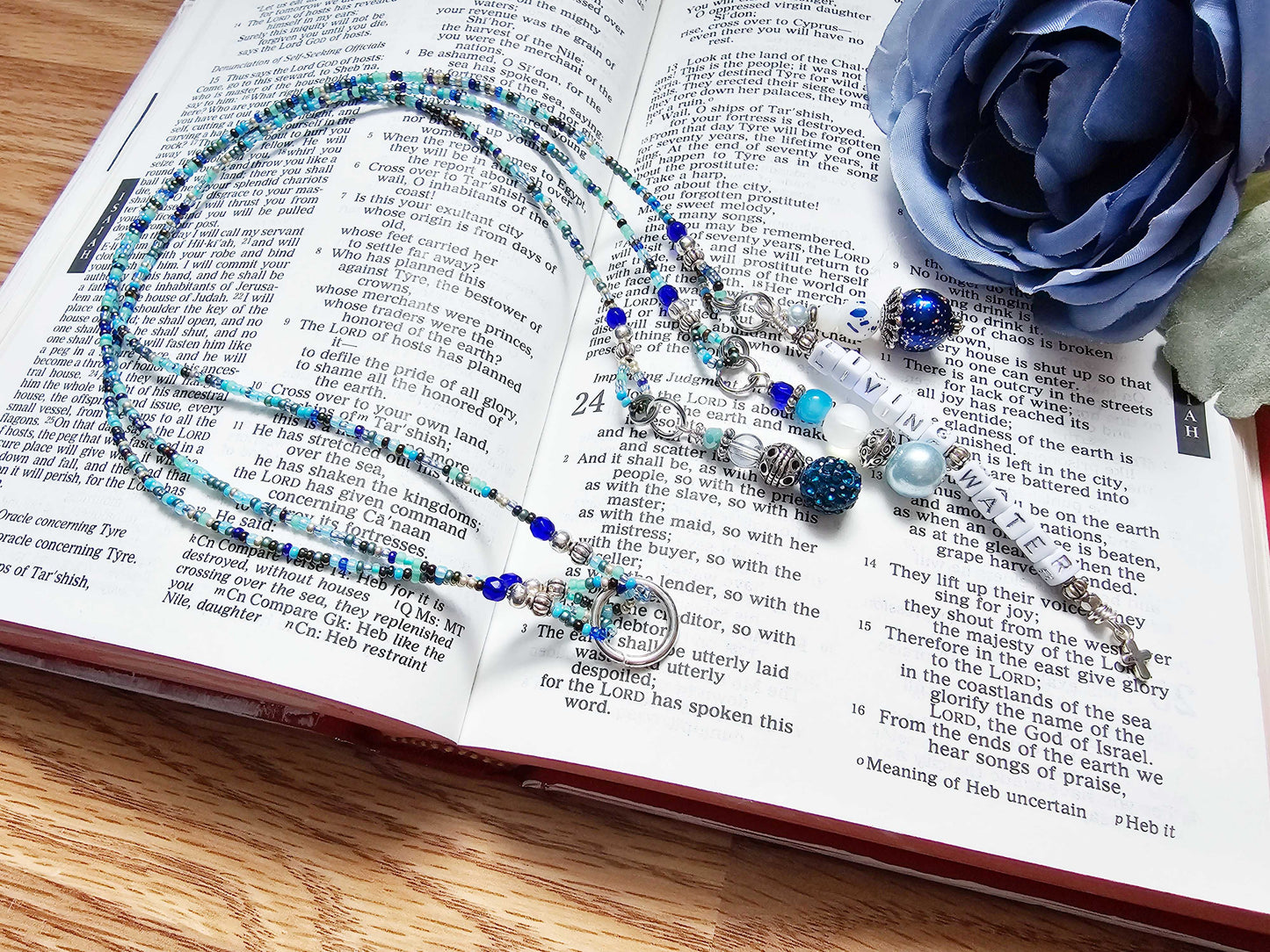 Beaded Bible 3 strand Bookmark - The Living Water - Blue and silver bible accessories