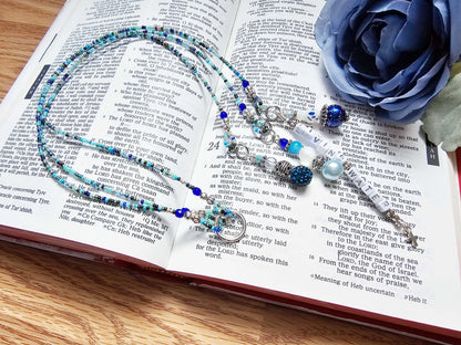 Beaded Bible 3 strand Bookmark - The Living Water - Blue and silver bible accessories