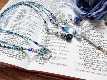 Beaded Bible 3 strand Bookmark - The Living Water - Blue and silver bible accessories