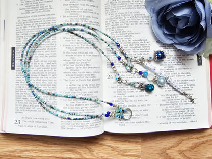 Beaded Bible 3 strand Bookmark - The Living Water - Blue and silver bible accessories