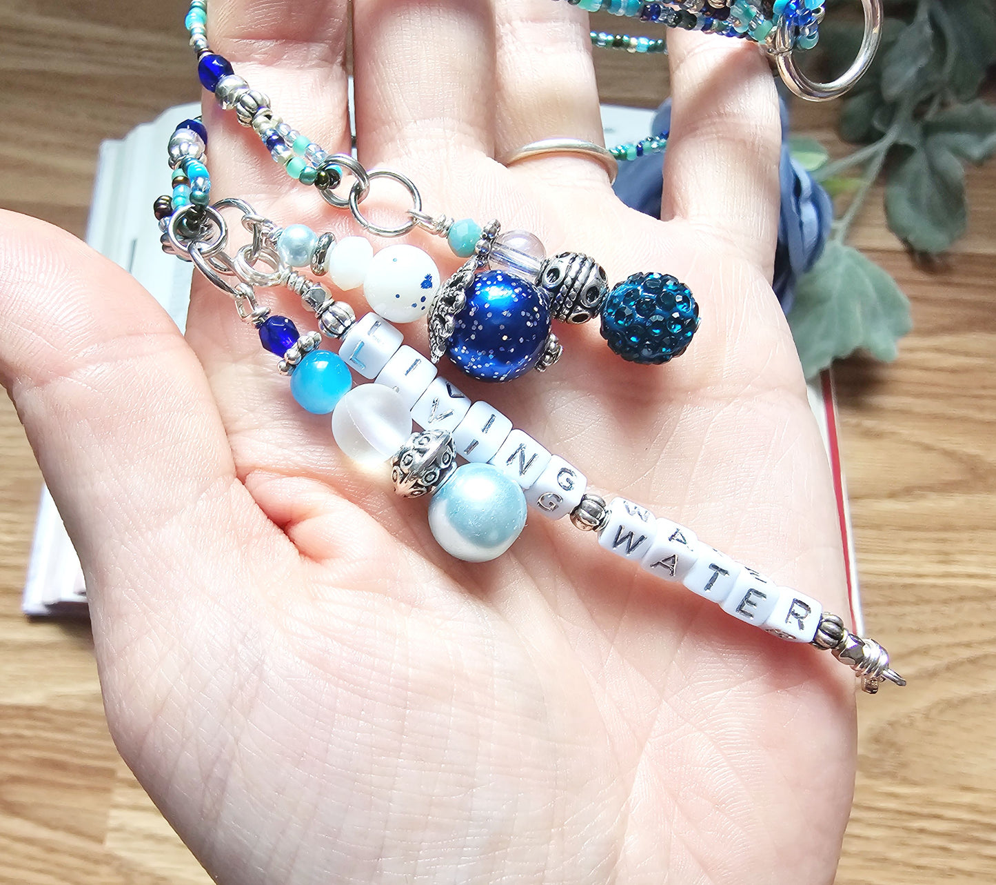 Beaded Bible 3 strand Bookmark - The Living Water - Blue and silver bible accessories