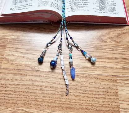 Beaded Bible 4 strand Bookmark - The Living Water - Blue and silver bible accessories