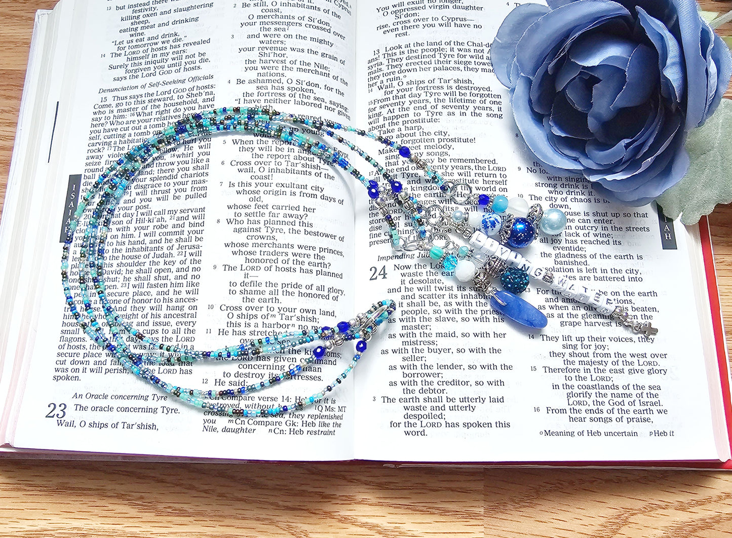 Beaded Bible 4 strand Bookmark - The Living Water - Blue and silver bible accessories