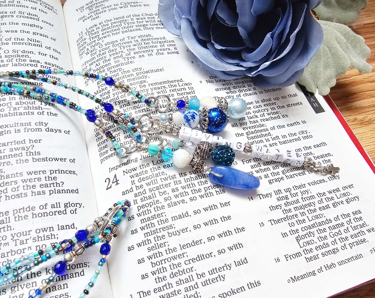 Beaded Bible 4 strand Bookmark - The Living Water - Blue and silver bible accessories