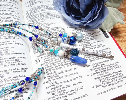 Beaded Bible 4 strand Bookmark - The Living Water - Blue and silver bible accessories
