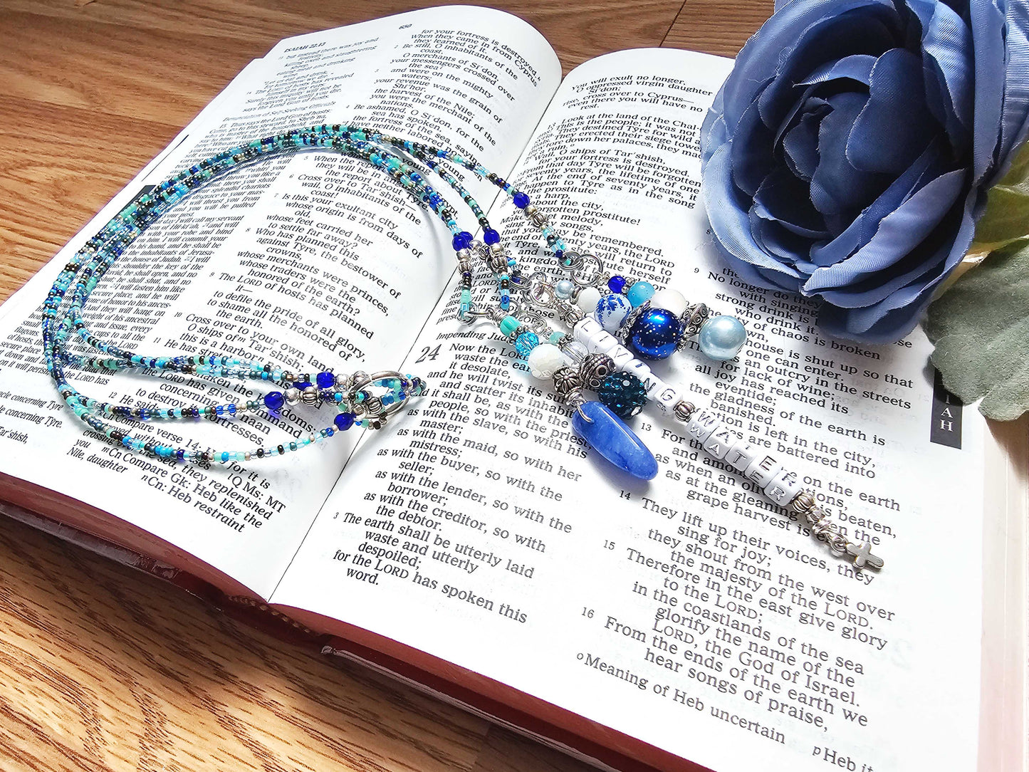 Beaded Bible 4 strand Bookmark - The Living Water - Blue and silver bible accessories