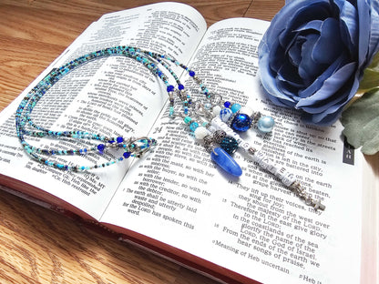 Beaded Bible 4 strand Bookmark - The Living Water - Blue and silver bible accessories