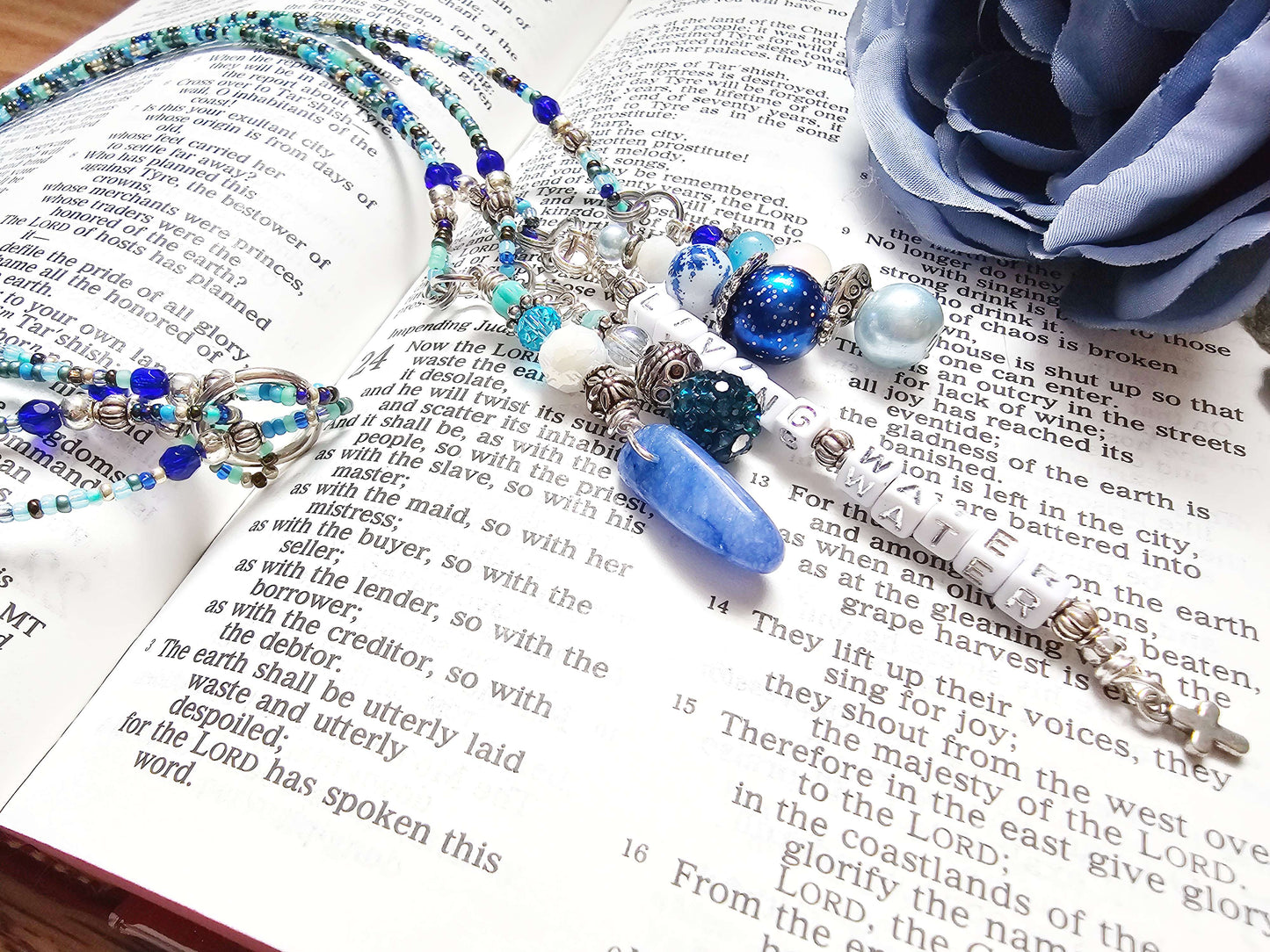 Beaded Bible 4 strand Bookmark - The Living Water - Blue and silver bible accessories