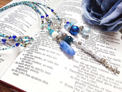 Beaded Bible 4 strand Bookmark - The Living Water - Blue and silver bible accessories