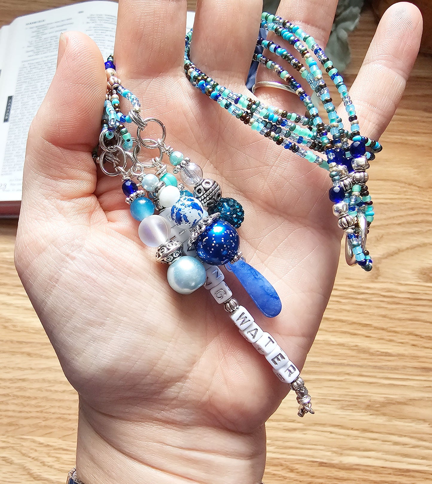 Beaded Bible 4 strand Bookmark - The Living Water - Blue and silver bible accessories