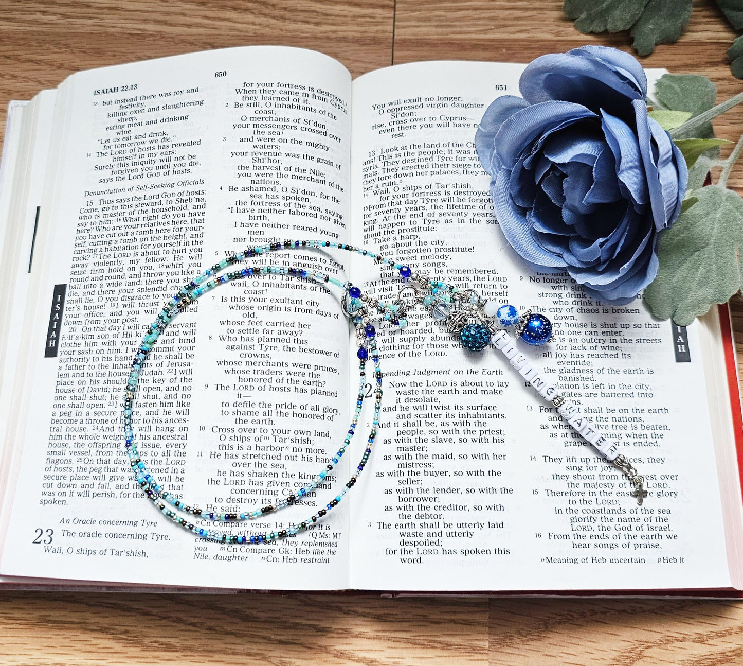 Beaded Bible 2 strand Bookmark - The Living Water - Blue and silver bible accessories