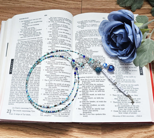 Beaded Bible 2 strand Bookmark - The Living Water - Blue and silver bible accessories