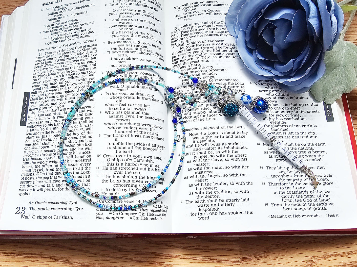 Beaded Bible 2 strand Bookmark - The Living Water - Blue and silver bible accessories