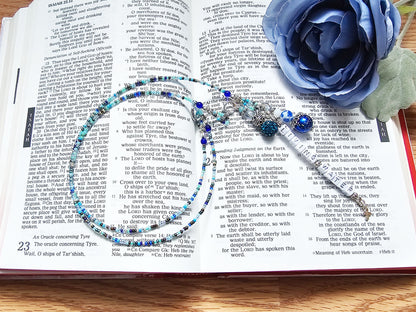 Beaded Bible 2 strand Bookmark - The Living Water - Blue and silver bible accessories