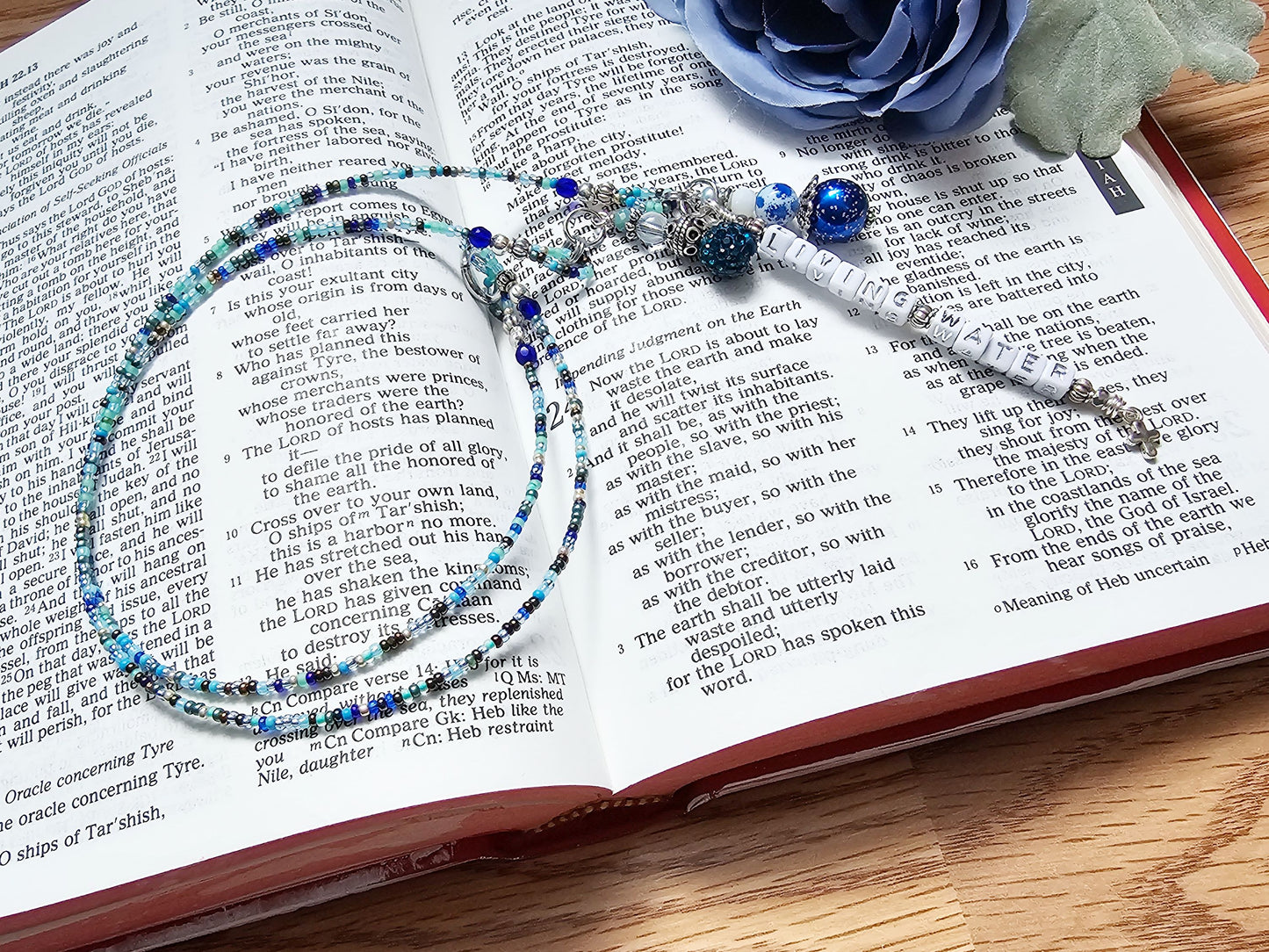 Beaded Bible 2 strand Bookmark - The Living Water - Blue and silver bible accessories