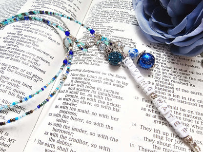Beaded Bible 2 strand Bookmark - The Living Water - Blue and silver bible accessories