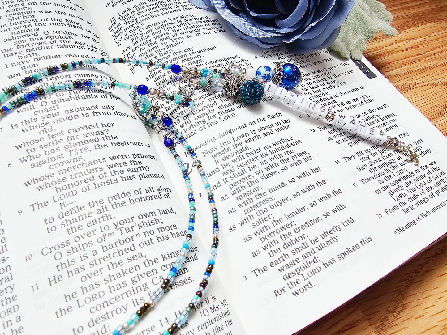 Beaded Bible 2 strand Bookmark - The Living Water - Blue and silver bible accessories