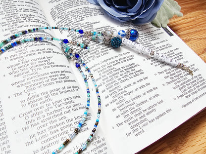 Beaded Bible 2 strand Bookmark - The Living Water - Blue and silver bible accessories