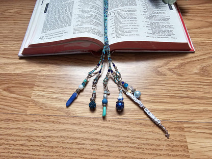 Beaded Bible 5 strand Bookmark - The Living Water - Blue and silver bible accessories